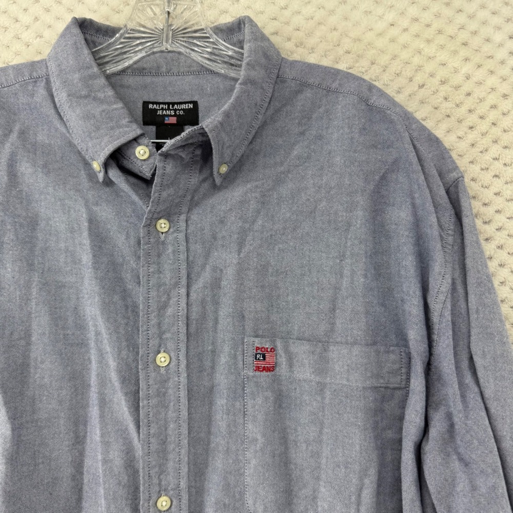 Vintage Ralph Lauren Jeans Co. Blue Chambray Button Down Shirt Men L Long Sleeve